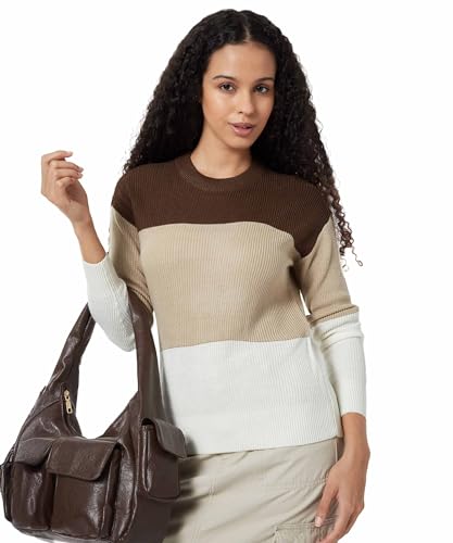 Max Women Knit Colourblock Sweater(Brown_XXL)