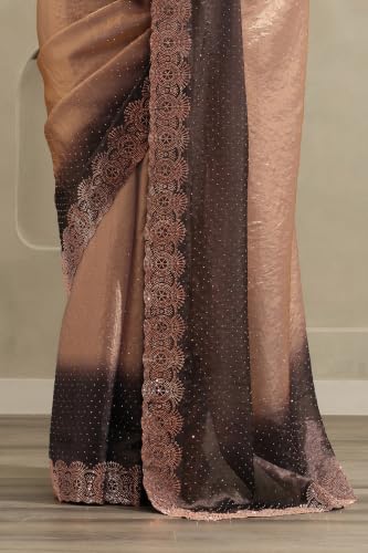 Soch Womens Brown Fendy Organza Ombre Stone Embellished Saree