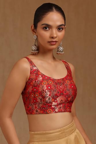 Soch Womens Red Tussar Floral Print Padded Blouse with Zari Woven