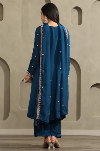 Soch Womens Blue Chinon Ethnic Motifs Zari Embroidered Salwar Suit