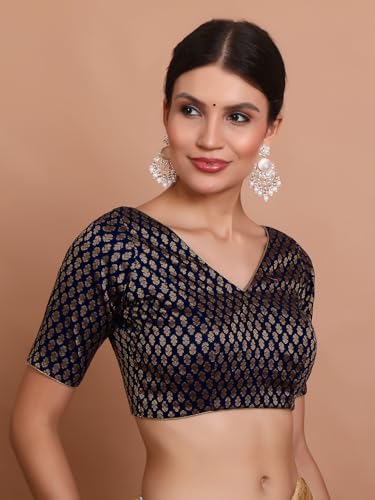S SALWAR STUDIO Navy Blue Brocade V Neck Readymade Blouse