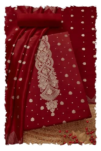 Soch Womens Red Gajji Silk Zari Woven Unstitch Dress Material With Zari Woven