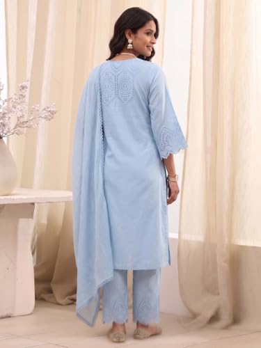 BIBA 100% Cotton Solid Casual Straight Kurta With Palazzo And Dupatta