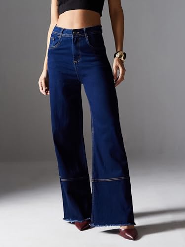 Miss Chase Women's Wide Leg High Rise Clean Look Regular-Length Stretchable Denim Jeans (MCSS24DEN79-02-956-32, Stormfront Blue, 32)