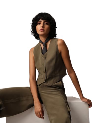ONLY Women Solid Regular Fit Casual Olive Waistcoat