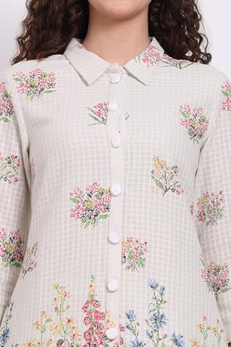 W for Woman White Floral Printed Checker Pure Cotton Shirt and Pants Co-ord Set (Size: S)-WS12976-125837