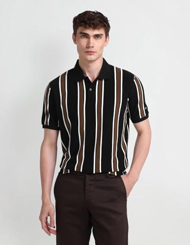 Arrow Sports Men's Black Striped Collared Neck Half Sleeve Casual Cotton Regular Fit T-Shirts (ASAITS3315_Black_3XL)
