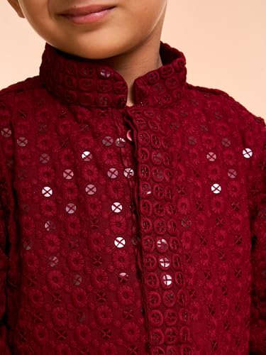 Manyavar Boys Viscose Chikankari Sequinned Kurta Pyjama Set (Maroon,2-3Y)