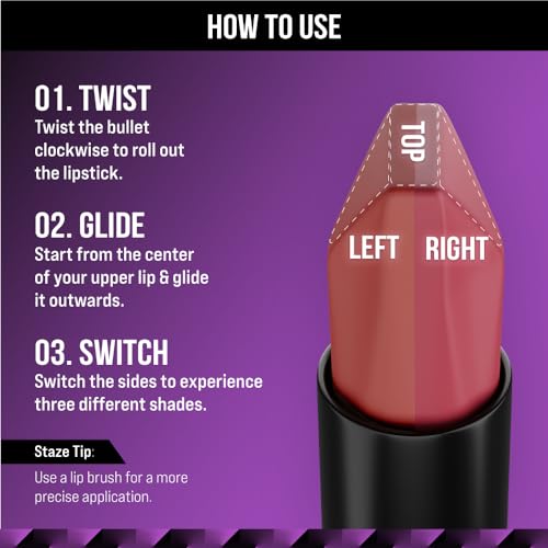 Staze 9To9 Love Tri-Angle 3 In 1 Matte Lipstick |3 Unique Shades In 1 | Transfer-Proof | 12 H Longstay | Non Drying Formula With Intense Color Payoff | 03 Caramel Rose | 3.8 G