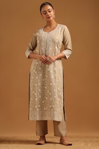 Soch Womens Beige Mul Chanderi Botanical Salwar Suit With Machine Embroidery and Sequin Details
