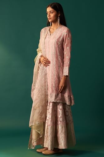 Wishful Women's Lilac Embroidered Panelled Silk Organza Short Kurta with Culotte and Dupatta Set (SP12569-223338-S)