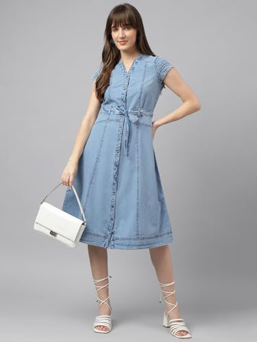 Latin Quarters Women Blue Cap Sleeve Casual Solid Dress_L