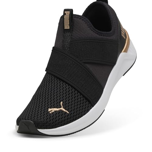 PUMA Women's Softride Harli Slip on Training Shoes Sneaker, Black-white-gold, 5 UK