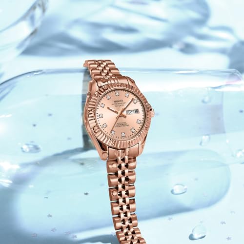 NIBOSI Watches for Woman Analog Quartz Stainless Steel Diamond Rose Gold Green Small Dial Women Watches Classic Wrist Watch Date Waterproof (A06-Rose Gold)