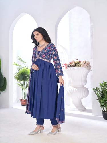 VARNI FABRICS Anarkali Kurta Sets for Woman Floral Print Georgette Kurta Set with Dupatta Salwar Suit for Woman Party Festive Set for Women Prefect for Wedding Ethnic Wear Rakhi Diwali | Blue| M