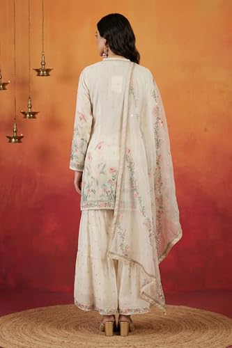 Wishful Women's Off White Thread Embroidered Chanderi Straight Kurta with Sharara and Dupatta Set - (SP13782-400520-M)
