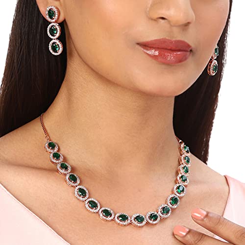 VOYLLA American Diamond CZ Silver Plated Pearl Brass Necklace Set