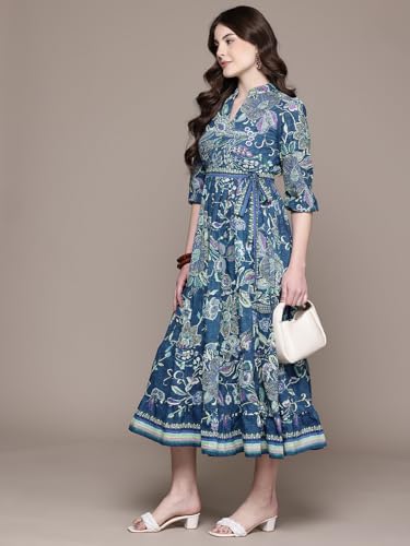 Label RITU KUMAR Blue Alanna 3/4 Sleeves Long Dress with Belt