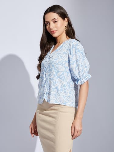Latin Quarters Women Blue Collared Half Sleeves Printed Shirt Blouse for Casual Wear_S