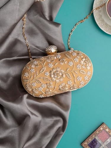 THE TAN CLAN Hand Embroidered Luxury Clutch Purse for Women | Evening Hand Clutch Bag | Ladies Party Wedding Purse with Chain Strap | Ethnic Woman Handbag Gift for Birthday, Anniversary, Gold