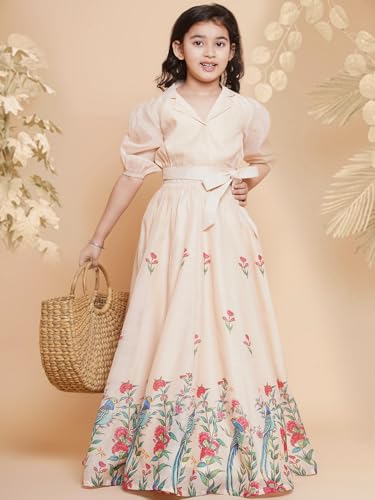Bitiya by Bhama Girls Beige Peacock Printed Ready to wear Lehenga with Choli