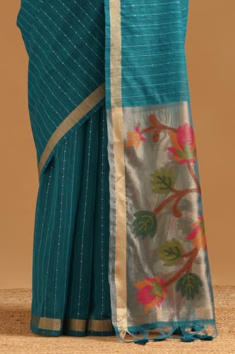 Soch Womens Turquoise Blue Tissue Botanical Zari Woven Saree
