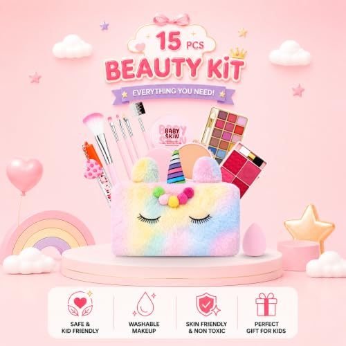 Real Kids Makeup Kit for Girls | 15 Pcs Unicorn Soft Bag with Beauty Set | Washable Play Makeup Kit includes Eyeshadow, Blush, Compact Powder, Lip Gloss, Beauty Blender & Brushes | Birthday Gift for Ages 7–16