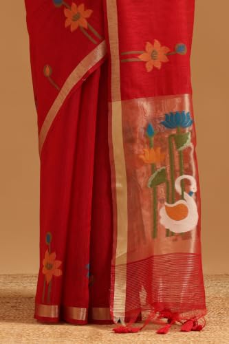 Soch Womens Red Tissue Botanical Zari Woven Saree