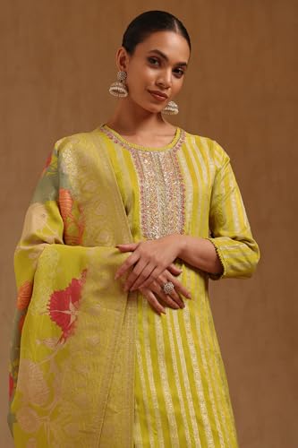 Soch Womens Green Tissue Zari Woven Suit Set With Sequins