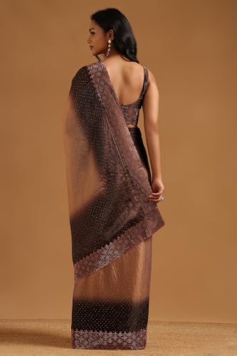 Soch Womens Brown Fendy Organza Ombre Stone Embellished Saree