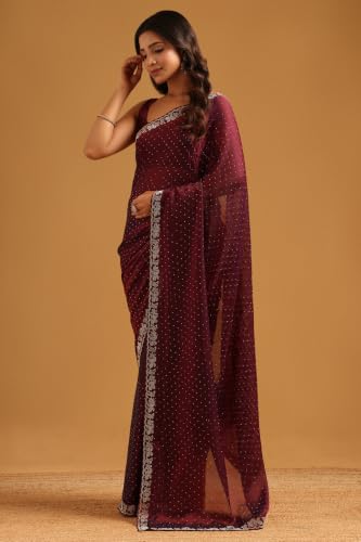 Soch Womens Wine Fendy Organza Stonework Embellished Saree