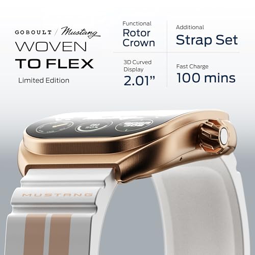 GOBOULT Mustang Muscle Smart Watch 2.01'' 3D Curved Display, Convertible Strap, Premium Metallic Crown, BT Calling, 600 Nits Brightness, AI Assistant, IP68 (Extra Starp, White Armor)