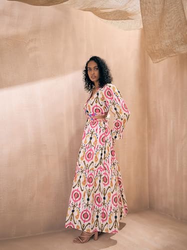 Pink Paprika by Sassafras Women's White Ikat Print Waist Cut-Out Maxi -XS