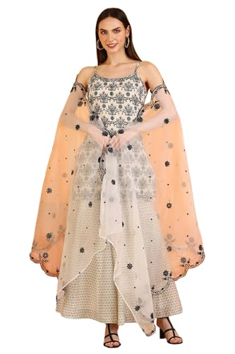 W for Woman Off-White Embroidered Spaghetti Short Kurta and Sharara Set with Dupatta (Size: XL)-WS12717-125705