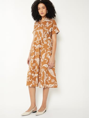 Max Women Printed A-line Midi Dress (Brown_M)