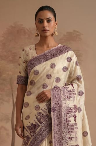 Label Aarna Women's Wine Cotton Saree with Unstitched Blouse Piece | Woven | Traditional Weave Borders | Workwear Saree