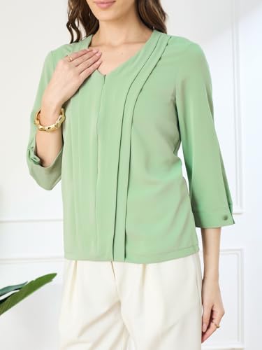 Latin Quarters Women's Green 3/4th Sleeves V-Neck Casual Solid Top_XL
