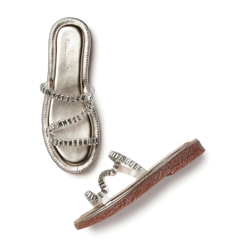 Marc Loire Women Embellished Ethnic Flats | Slip-On Open Toe Chappals | Fashion Sandals with Comfortable Sole (Gold, UK Footwear Size System, Adult, Women, Numeric, Medium, 7)