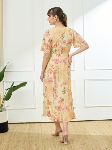 Latin Quarters Women's Yellow Half Sleeves V-Neck Casual Printed Dress_XXL