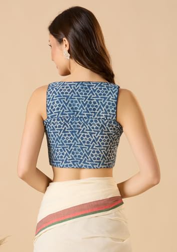 S SALWAR STUDIO Blue Cotton Ajrakh Halter Neck Sleeveless Readymade Blouse