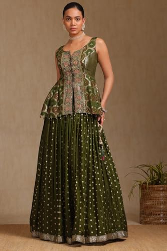 Soch Womens Olive Brocade Woven Design Ghagra Choli With Cutdana