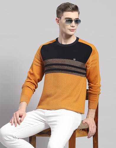 Monte Carlo Mens Mustard Solid Round Neck Full Sleeve Cotton Blend Casual Sweater (1239264RN-2-40)