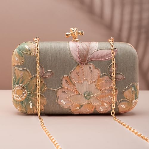 Artklim Pastel Grey Floral Printed Fabric Clutch Bag for Women
