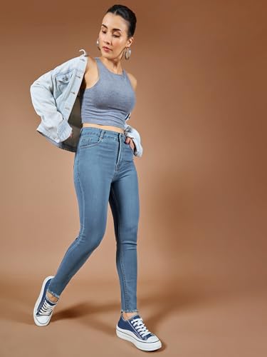 Miss Chase Women's Skinny High Rise Cropped Length Fringe Detailing Stretchable Denim Jeans (MCAW25DEN62-52-XYB-34, Java Blue, 34)