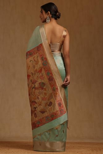 Soch Womens Powder Blue Tussar Floral Printed Saree