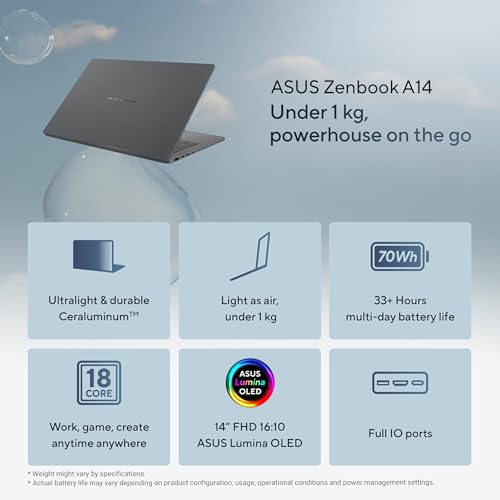 ASUS Zenbook A14 (2026),Snapdragon X2 Elite,NPU Upto 80TOPS,Qualcomm Adreno iGPU,16GB RAM,512GB SSD,FHD+ OLED, 14"(35.5 cm),Win 11,M365 Basic(1Y),Office 24,Iceland Gray,0.99 Kg,UX3407NA-QD226WS,AI PC