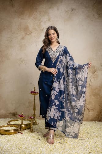 Women's Dark Blue Silk Blend Straight Kurta Set With Dupatta And Pant