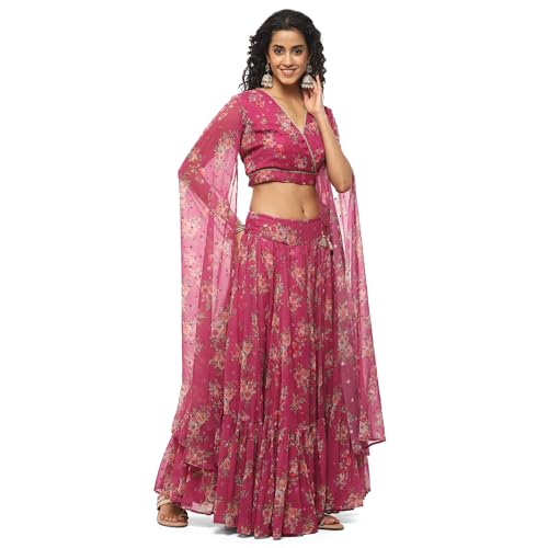 BIBA Women Polyester Printed Lehenga Set (SKDASSORTED9076AW23PNK_Pink_XL)