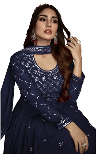 RUDRAPRAYAG Georgette Embroidered Free Size Maxi Anarkali Gown for Women (Navy Blue)