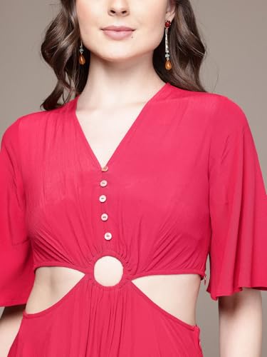 Label RITU KUMAR V Neck Solid Long Dress Red